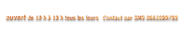 
  ouvert de 10 h à 18 h tous les jours   Contact par SMS 0662089785
